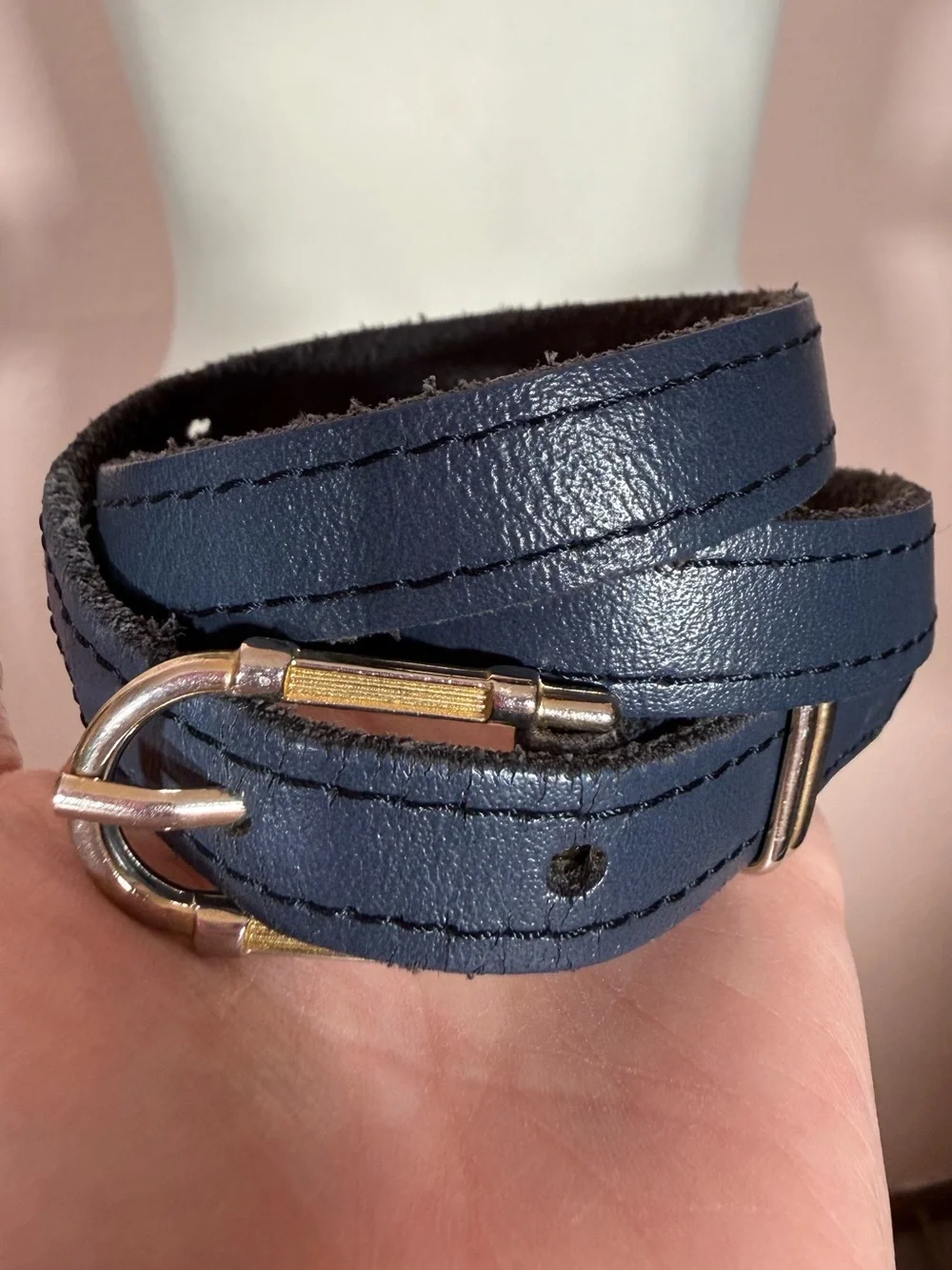 Vintage navy blue leather  minimalist skinny belt 28inches classic academia